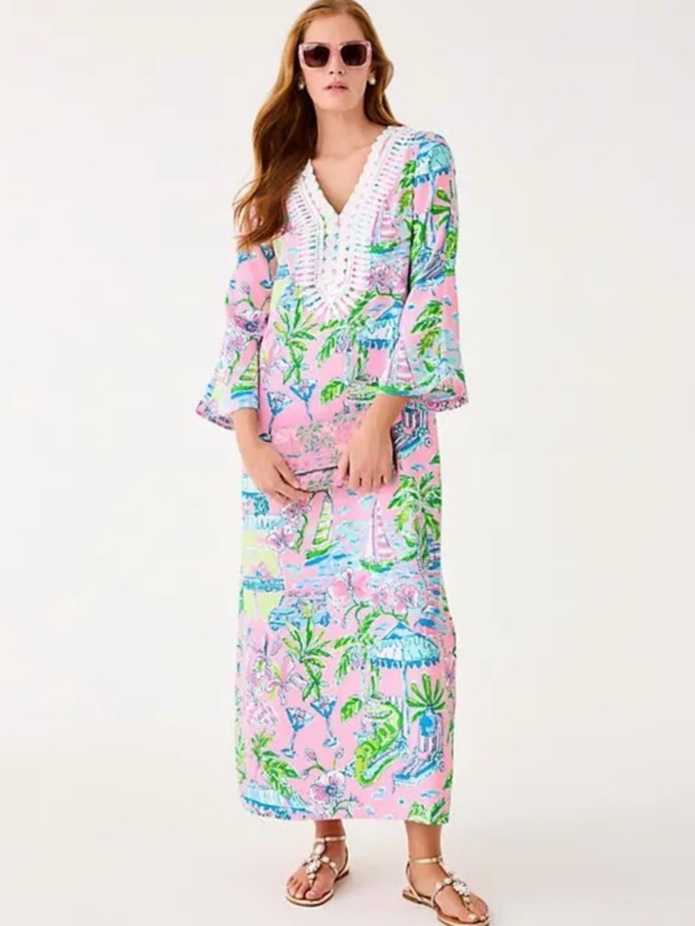 NWT! Lilly Pulitzer Occelpo Pink Tropical Print V-Neck Maxi Caftan Dress Size 2 - Picture 2 of 11
